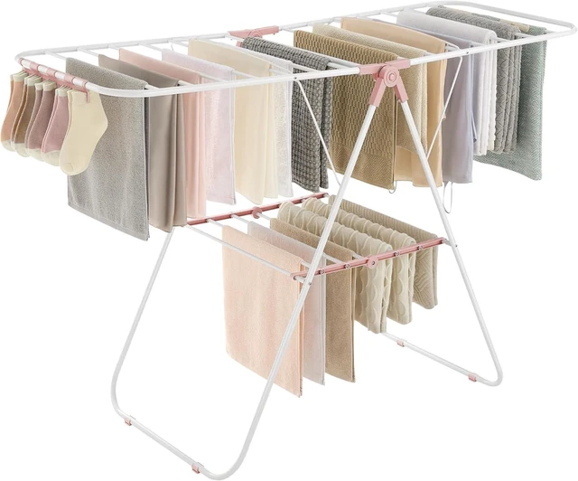 Main image of Foldable Space-Saving Clothes Drying Rack with Sock Clips, Height-Adjustable Gullwings, Metal Free-Standing Airer for Indoor Outdoor Use, White and Pink