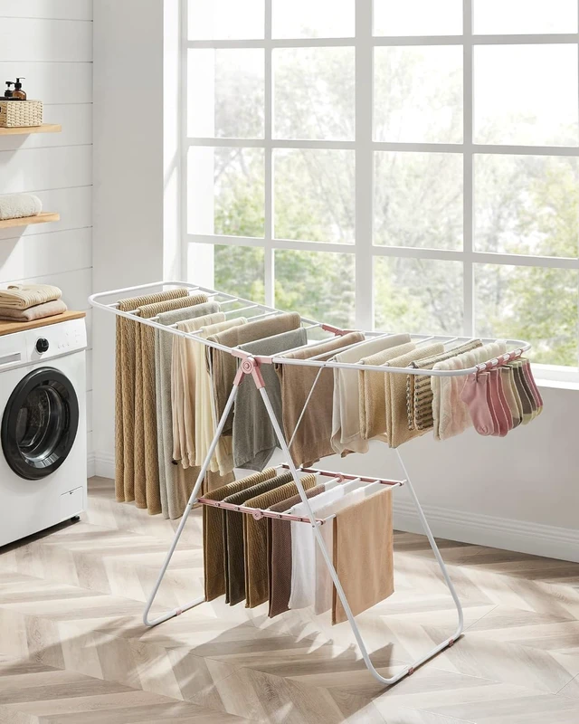 Alt view image 2 of 7 - Foldable Space-Saving Clothes Drying Rack with Sock Clips, Height-Adjustable Gullwings, Metal Free-Standing Airer for Indoor Outdoor Use, White and Pink