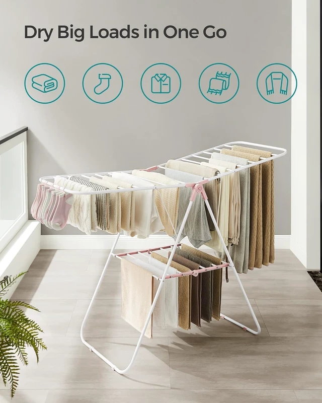 Alt view image 3 of 7 - Foldable Space-Saving Clothes Drying Rack with Sock Clips, Height-Adjustable Gullwings, Metal Free-Standing Airer for Indoor Outdoor Use, White and Pink