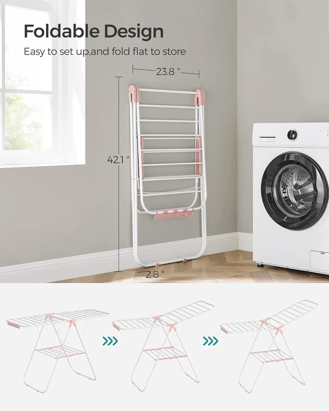 Alt view image 4 of 7 - Foldable Space-Saving Clothes Drying Rack with Sock Clips, Height-Adjustable Gullwings, Metal Free-Standing Airer for Indoor Outdoor Use, White and Pink