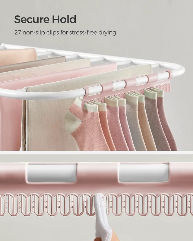 Alt view image 5 of 7 - Foldable Space-Saving Clothes Drying Rack with Sock Clips, Height-Adjustable Gullwings, Metal Free-Standing Airer for Indoor Outdoor Use, White and Pink