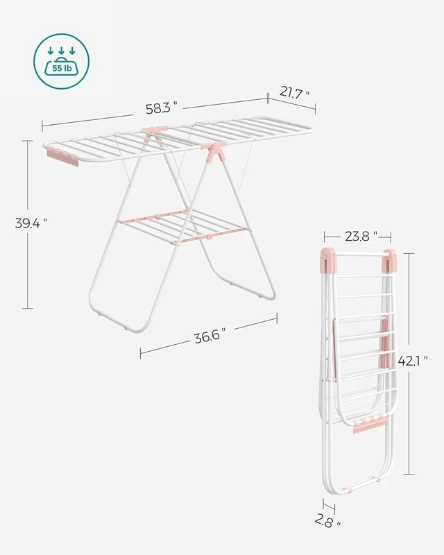 Alt view image 6 of 7 - Foldable Space-Saving Clothes Drying Rack with Sock Clips, Height-Adjustable Gullwings, Metal Free-Standing Airer for Indoor Outdoor Use, White and Pink
