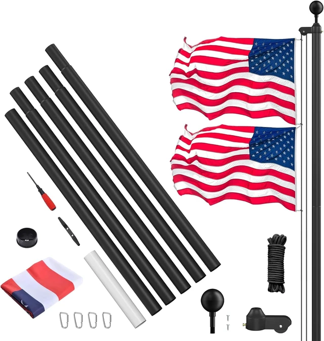 Alt view image 3 of 7 - 20FT Heavy Duty Flag Pole Kit, 1.8mm Extra Thick Metal Flagpole with 90MPH Wind Resistance, 3x5 Polyester Flag, Black In Ground Flag Pole for Residential Outdoor Yard