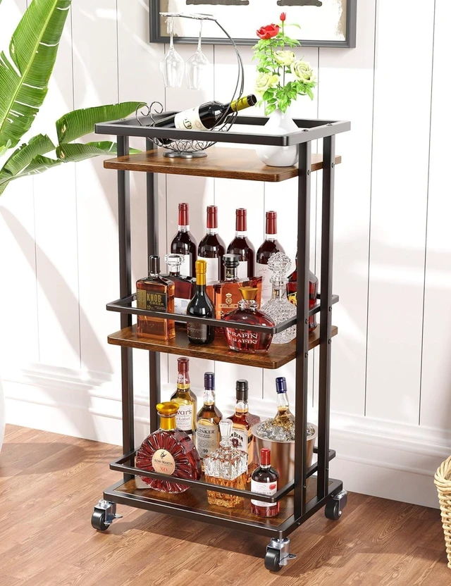 Main image of 3 Tier Rolling Bar Cart, Brown Wood Metal Serving Cart with Lockable Wheels, 150 LBS Capacity Utility Storage Cart for Wine Beverage Coffee Kitchen Dining Living Room