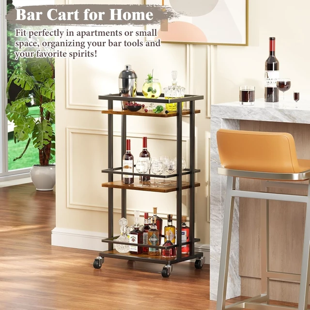 Alt view image 3 of 7 - 3 Tier Rolling Bar Cart, Brown Wood Metal Serving Cart with Lockable Wheels, 150 LBS Capacity Utility Storage Cart for Wine Beverage Coffee Kitchen Dining Living Room