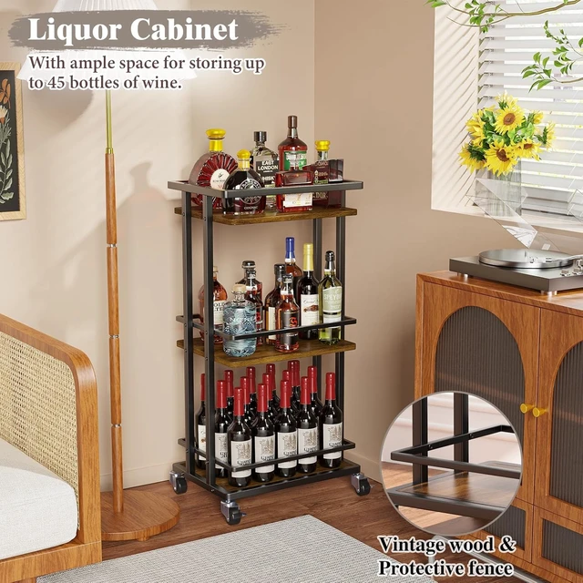 Alt view image 2 of 7 - 3 Tier Rolling Bar Cart, Brown Wood Metal Serving Cart with Lockable Wheels, 150 LBS Capacity Utility Storage Cart for Wine Beverage Coffee Kitchen Dining Living Room