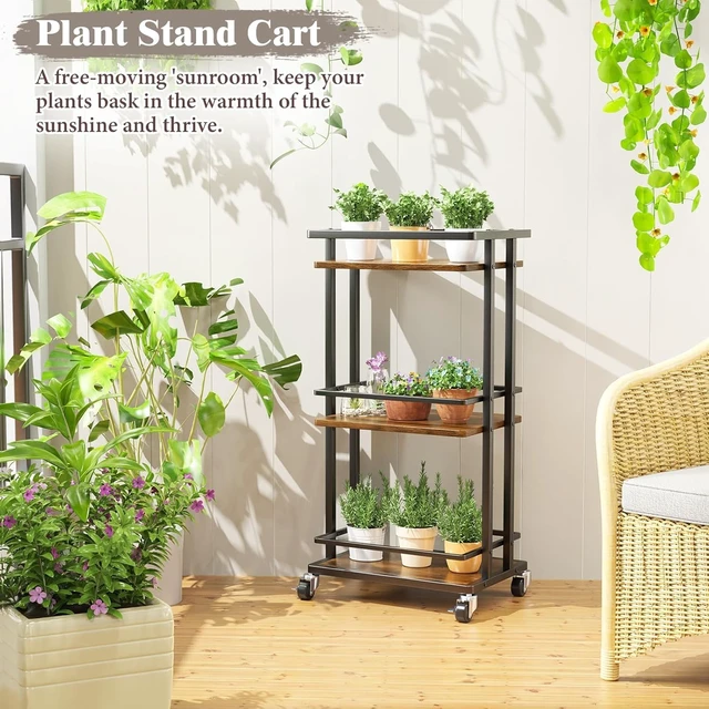 Alt view image 4 of 7 - 3 Tier Rolling Bar Cart, Brown Wood Metal Serving Cart with Lockable Wheels, 150 LBS Capacity Utility Storage Cart for Wine Beverage Coffee Kitchen Dining Living Room