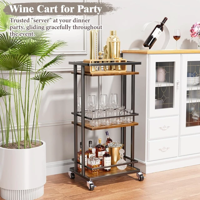 Alt view image 6 of 7 - 3 Tier Rolling Bar Cart, Brown Wood Metal Serving Cart with Lockable Wheels, 150 LBS Capacity Utility Storage Cart for Wine Beverage Coffee Kitchen Dining Living Room