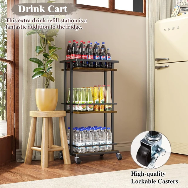 Alt view image 7 of 7 - 3 Tier Rolling Bar Cart, Brown Wood Metal Serving Cart with Lockable Wheels, 150 LBS Capacity Utility Storage Cart for Wine Beverage Coffee Kitchen Dining Living Room