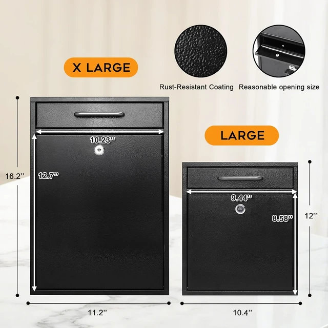 Alt view image 3 of 7 - XL Large Wall Mount Metal Locking Mailbox with Key Lock, Secure Hanging Post Box, Heavy Duty Key Drop Storage Box for Letters Newspapers, Indoor and Covered Outdoor Use