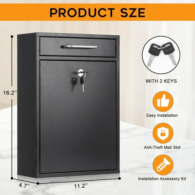 Alt view image 2 of 7 - XL Large Wall Mount Metal Locking Mailbox with Key Lock, Secure Hanging Post Box, Heavy Duty Key Drop Storage Box for Letters Newspapers, Indoor and Covered Outdoor Use