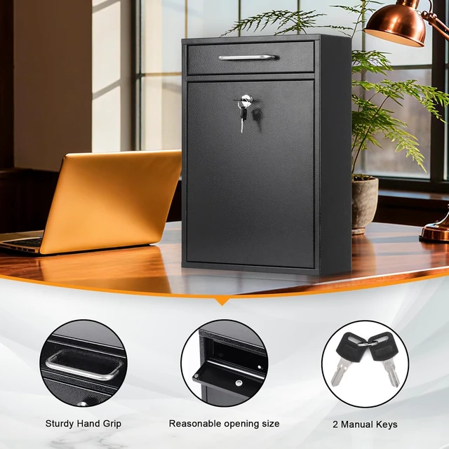 Alt view image 5 of 7 - XL Large Wall Mount Metal Locking Mailbox with Key Lock, Secure Hanging Post Box, Heavy Duty Key Drop Storage Box for Letters Newspapers, Indoor and Covered Outdoor Use