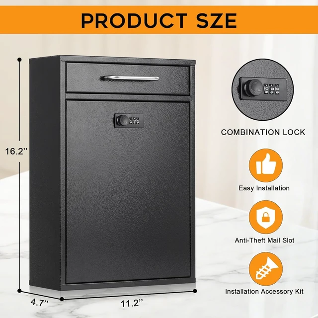 Alt view image 2 of 7 - XL Large Wall Mount Mailbox with Resettable 3-Digit Combination Lock, Heavy Duty Metal Secure Locking Post Box, Outdoor Hanging Security Mail Drop Box for Letters Newspapers Small Parcels, Black