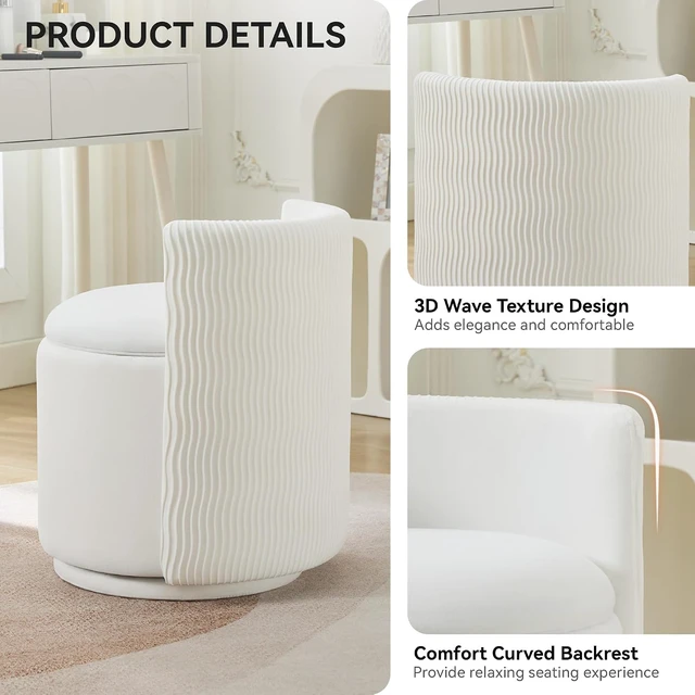 Alt view image 3 of 7 - White Velvet 360° Swivel Vanity Chair, Fully Assembled Ergonomic Wave Back Accent Stool, High Density Foam Padded Seat with Hidden Storage for Bedroom Dressing Room Living Room