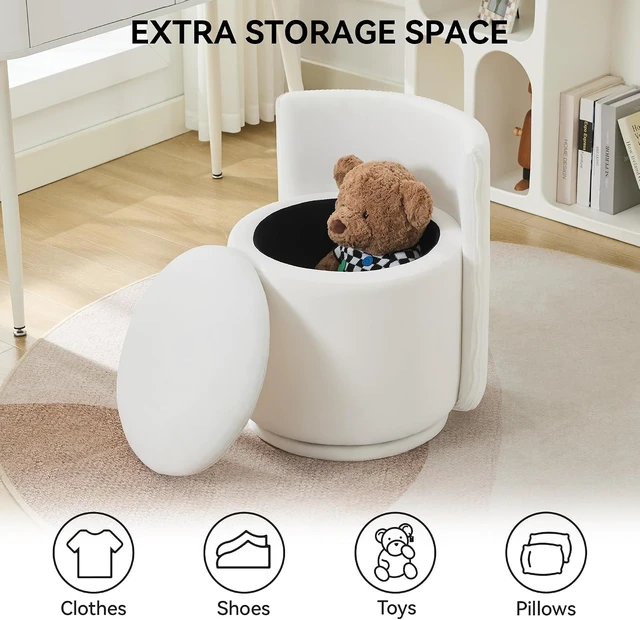 Alt view image 5 of 7 - White Velvet 360° Swivel Vanity Chair, Fully Assembled Ergonomic Wave Back Accent Stool, High Density Foam Padded Seat with Hidden Storage for Bedroom Dressing Room Living Room