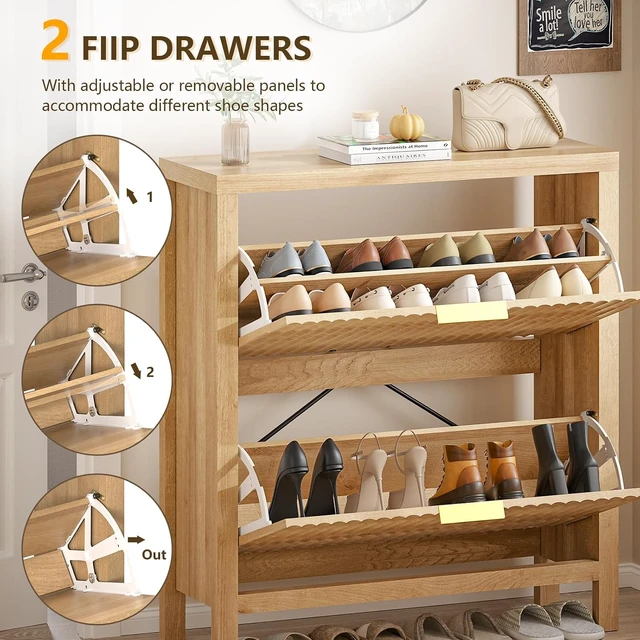 Alt view image 4 of 7 - Narrow Fluted MDF Shoe Cabinet with 2 Flip Drawers, Adjustable Layer Storage Freestanding Shoe Organizer, Anti-Tilt Space Saving Shoe Rack with Support Legs for Entryway Hallway Living Room Oak