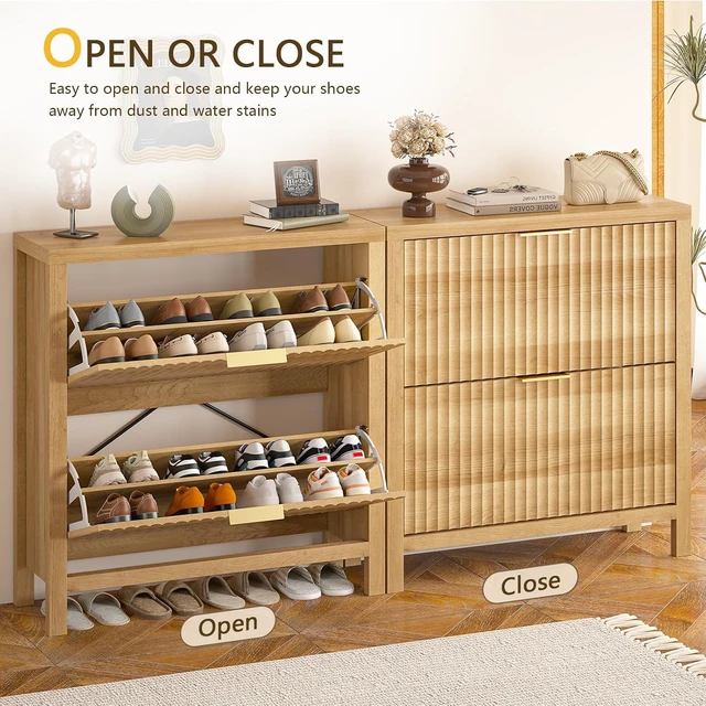 Alt view image 7 of 7 - Narrow Fluted MDF Shoe Cabinet with 2 Flip Drawers, Adjustable Layer Storage Freestanding Shoe Organizer, Anti-Tilt Space Saving Shoe Rack with Support Legs for Entryway Hallway Living Room Oak