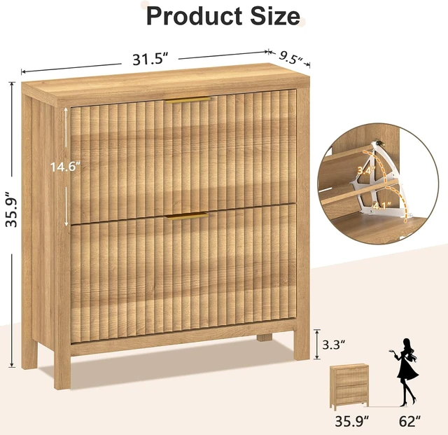 Alt view image 3 of 7 - Narrow Fluted MDF Shoe Cabinet with 2 Flip Drawers, Adjustable Layer Storage Freestanding Shoe Organizer, Anti-Tilt Space Saving Shoe Rack with Support Legs for Entryway Hallway Living Room Oak