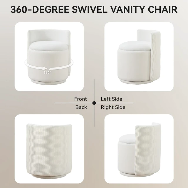 Alt view image 6 of 7 - White Velvet 360° Swivel Vanity Chair, Fully Assembled Ergonomic Wave Back Accent Stool, High Density Foam Padded Seat with Hidden Storage for Bedroom Dressing Room Living Room