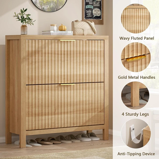 Alt view image 6 of 7 - Narrow Fluted MDF Shoe Cabinet with 2 Flip Drawers, Adjustable Layer Storage Freestanding Shoe Organizer, Anti-Tilt Space Saving Shoe Rack with Support Legs for Entryway Hallway Living Room Oak