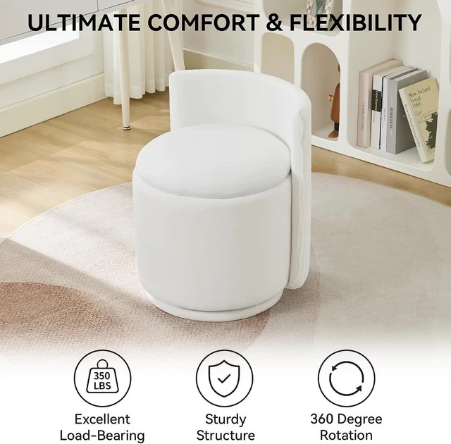 Alt view image 7 of 7 - White Velvet 360° Swivel Vanity Chair, Fully Assembled Ergonomic Wave Back Accent Stool, High Density Foam Padded Seat with Hidden Storage for Bedroom Dressing Room Living Room