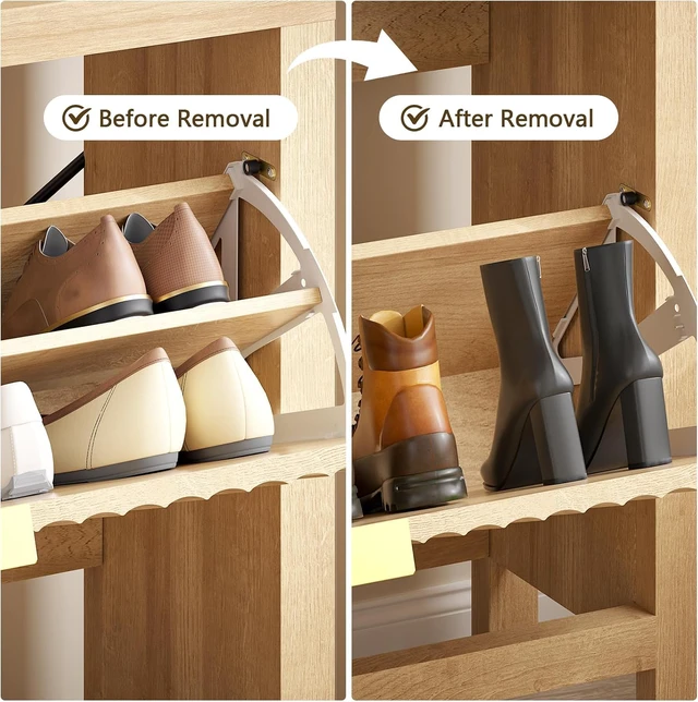 Alt view image 5 of 7 - Narrow Fluted MDF Shoe Cabinet with 2 Flip Drawers, Adjustable Layer Storage Freestanding Shoe Organizer, Anti-Tilt Space Saving Shoe Rack with Support Legs for Entryway Hallway Living Room Oak