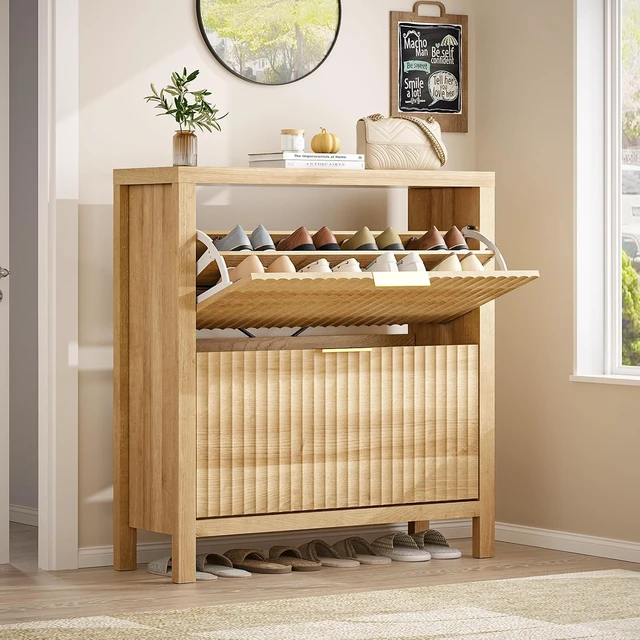Alt view image 2 of 7 - Narrow Fluted MDF Shoe Cabinet with 2 Flip Drawers, Adjustable Layer Storage Freestanding Shoe Organizer, Anti-Tilt Space Saving Shoe Rack with Support Legs for Entryway Hallway Living Room Oak