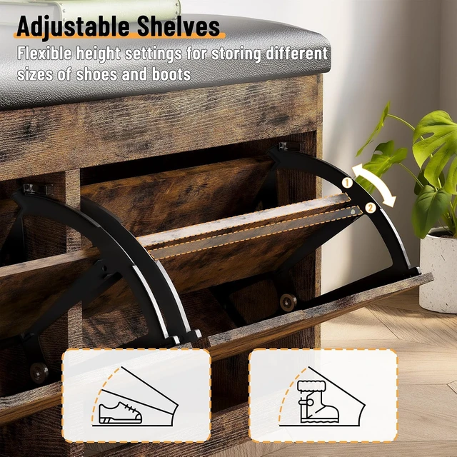 Alt view image 5 of 7 - 40 Inch Vintage Brown Shoe Storage Bench, Entryway Organizer with 2 Flip Drawers, Lift Top Hidden Storage Box and Padded Seat Cushion, Heavy Duty Wooden Bench for Hallway Living Room Indoor Use