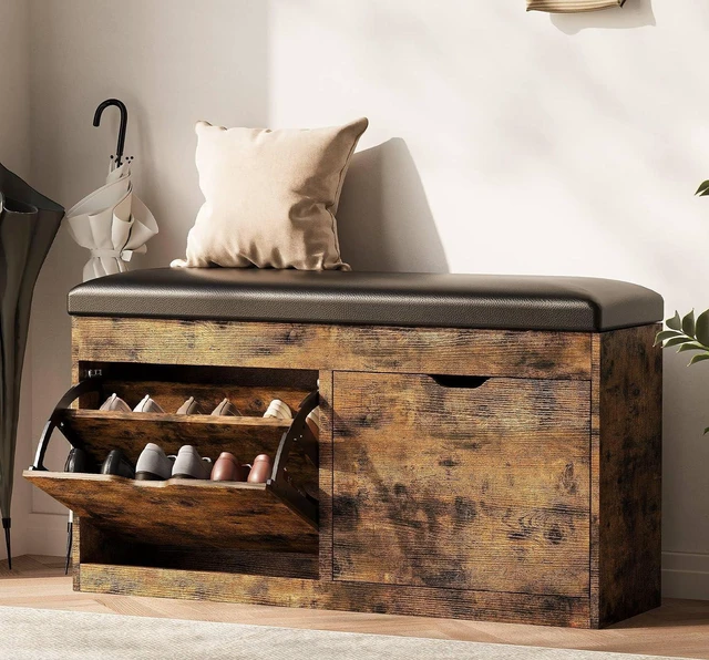 Main image of 40 Inch Vintage Brown Shoe Storage Bench, Entryway Organizer with 2 Flip Drawers, Lift Top Hidden Storage Box and Padded Seat Cushion, Heavy Duty Wooden Bench for Hallway Living Room Indoor Use