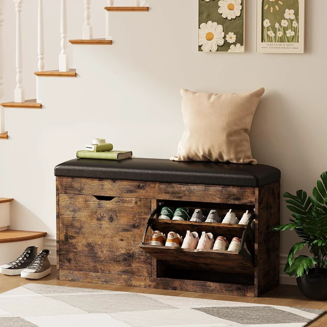 Alt view image 3 of 7 - 40 Inch Vintage Brown Shoe Storage Bench, Entryway Organizer with 2 Flip Drawers, Lift Top Hidden Storage Box and Padded Seat Cushion, Heavy Duty Wooden Bench for Hallway Living Room Indoor Use