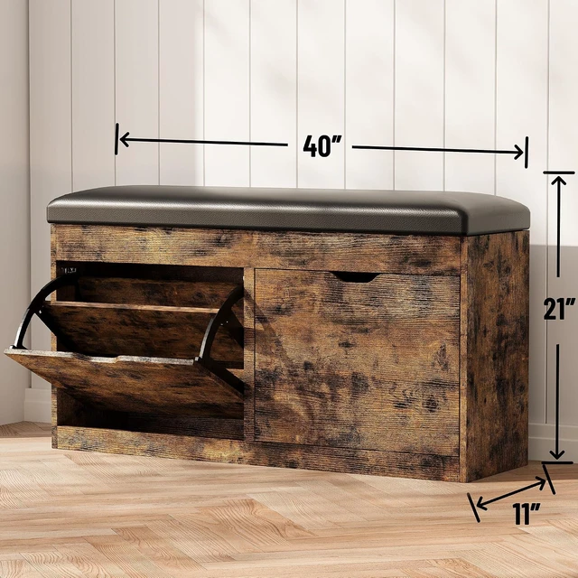 Alt view image 2 of 7 - 40 Inch Vintage Brown Shoe Storage Bench, Entryway Organizer with 2 Flip Drawers, Lift Top Hidden Storage Box and Padded Seat Cushion, Heavy Duty Wooden Bench for Hallway Living Room Indoor Use