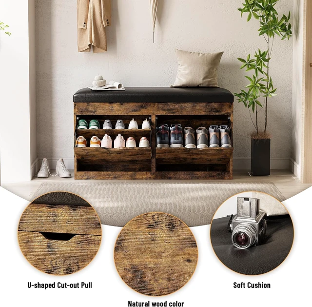 Alt view image 6 of 7 - 40 Inch Vintage Brown Shoe Storage Bench, Entryway Organizer with 2 Flip Drawers, Lift Top Hidden Storage Box and Padded Seat Cushion, Heavy Duty Wooden Bench for Hallway Living Room Indoor Use