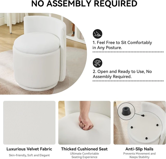 Alt view image 4 of 7 - White Velvet 360° Swivel Vanity Chair, Fully Assembled Ergonomic Wave Back Accent Stool, High Density Foam Padded Seat with Hidden Storage for Bedroom Dressing Room Living Room