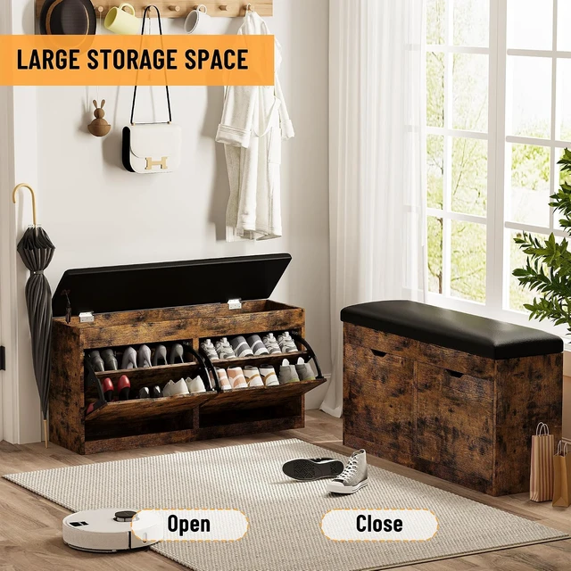 Alt view image 7 of 7 - 40 Inch Vintage Brown Shoe Storage Bench, Entryway Organizer with 2 Flip Drawers, Lift Top Hidden Storage Box and Padded Seat Cushion, Heavy Duty Wooden Bench for Hallway Living Room Indoor Use