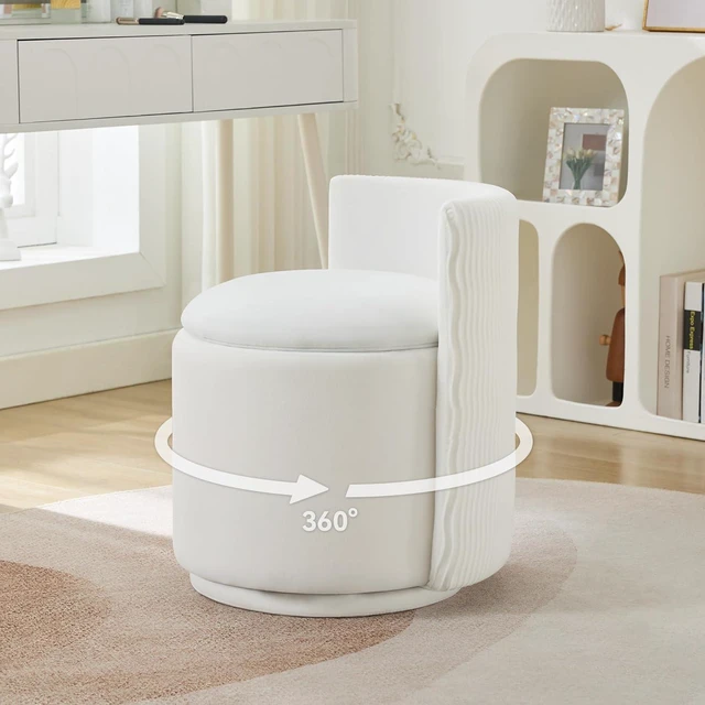 Main image of White Velvet 360° Swivel Vanity Chair, Fully Assembled Ergonomic Wave Back Accent Stool, High Density Foam Padded Seat with Hidden Storage for Bedroom Dressing Room Living Room