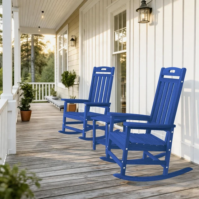 Alt view image 2 of 7 - Oversized HDPE Wood Grain Rocking Chair, All Weather High Back Patio Rocker, Heavy Duty 380LBS Low Maintenance Outdoor Porch Chair with Stainless Steel Hardware for Deck Fire Pit Lawn Navy