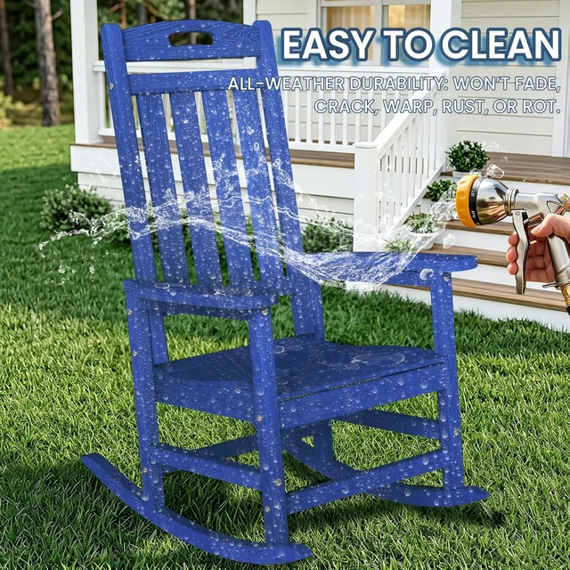 Alt view image 4 of 7 - Oversized HDPE Wood Grain Rocking Chair, All Weather High Back Patio Rocker, Heavy Duty 380LBS Low Maintenance Outdoor Porch Chair with Stainless Steel Hardware for Deck Fire Pit Lawn Navy