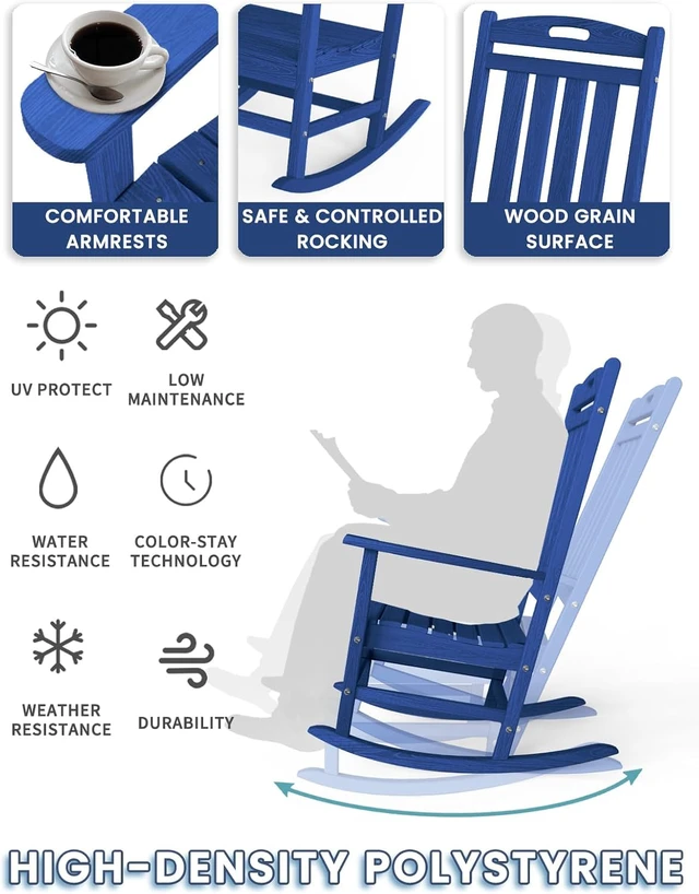 Alt view image 5 of 7 - Oversized HDPE Wood Grain Rocking Chair, All Weather High Back Patio Rocker, Heavy Duty 380LBS Low Maintenance Outdoor Porch Chair with Stainless Steel Hardware for Deck Fire Pit Lawn Navy