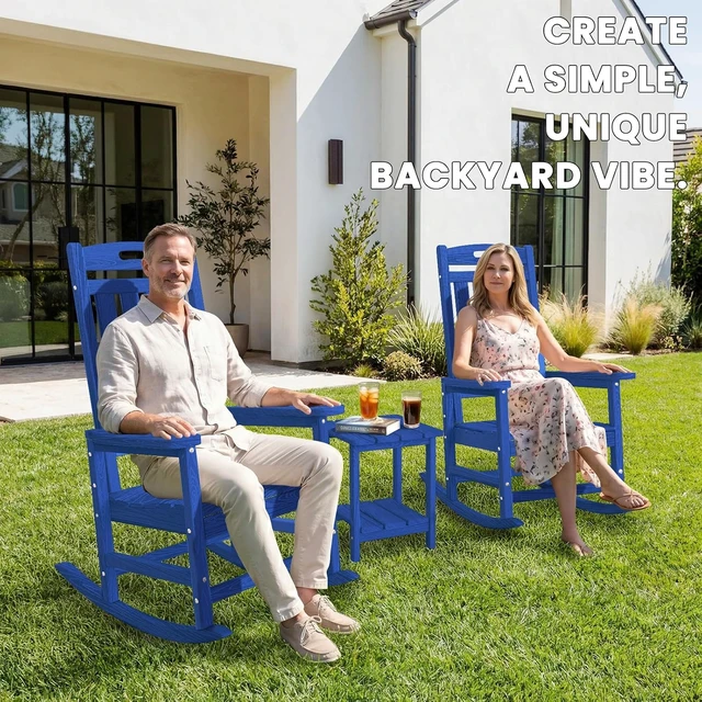 Alt view image 6 of 7 - Oversized HDPE Wood Grain Rocking Chair, All Weather High Back Patio Rocker, Heavy Duty 380LBS Low Maintenance Outdoor Porch Chair with Stainless Steel Hardware for Deck Fire Pit Lawn Navy