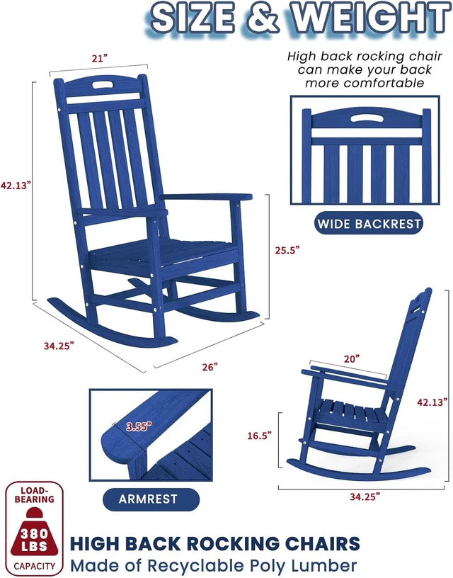 Alt view image 3 of 7 - Oversized HDPE Wood Grain Rocking Chair, All Weather High Back Patio Rocker, Heavy Duty 380LBS Low Maintenance Outdoor Porch Chair with Stainless Steel Hardware for Deck Fire Pit Lawn Navy