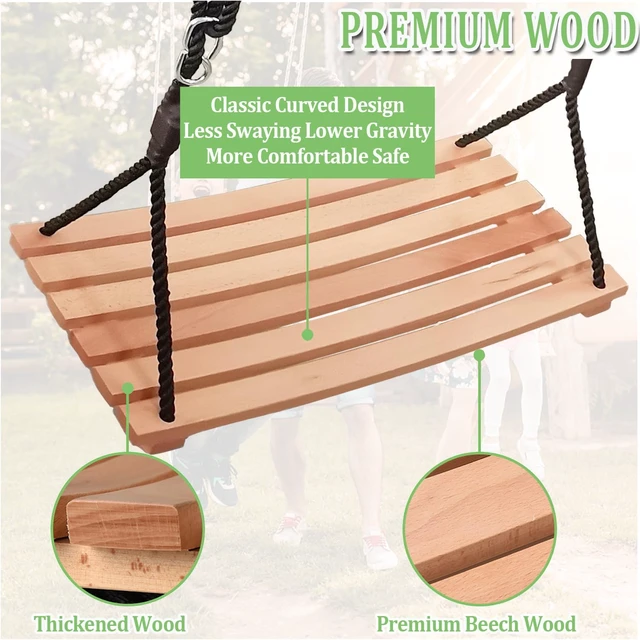 Alt view image 4 of 7 - 26 x 12 Inch Curved Beech Wood Tree Swing, Adjustable Polypropylene Rope Hanging Swing with 500 Lbs Load Capacity, Heavy Duty Indoor Covered Outdoor Porch Patio Swing Seat for Adults