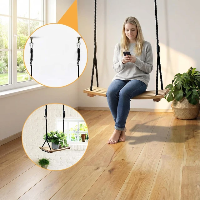 Alt view image 6 of 7 - 26 x 12 Inch Curved Beech Wood Tree Swing, Adjustable Polypropylene Rope Hanging Swing with 500 Lbs Load Capacity, Heavy Duty Indoor Covered Outdoor Porch Patio Swing Seat for Adults