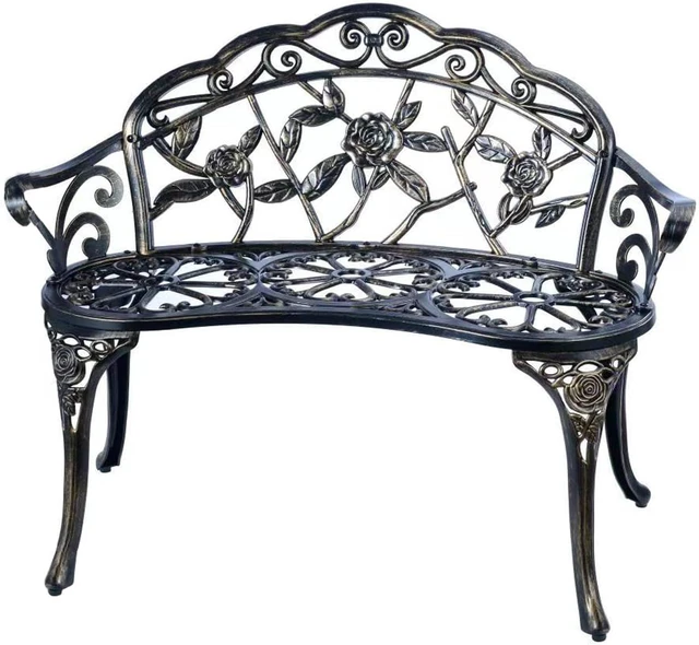 Main image of Cast Aluminum Outdoor Patio Bench, RustResistant Waterproof Metal Park Bench with Floral Rose Pattern for Garden Lawn Yard Park, Copper Finish