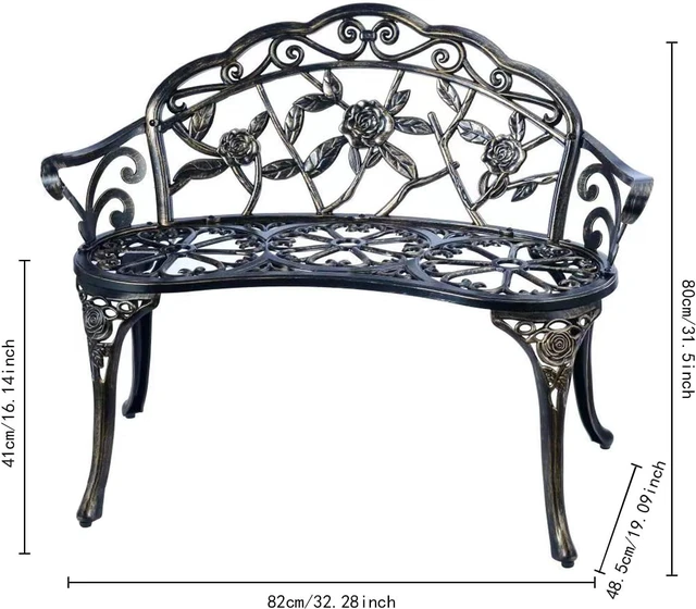 Alt view image 2 of 5 - Cast Aluminum Outdoor Patio Bench, RustResistant Waterproof Metal Park Bench with Floral Rose Pattern for Garden Lawn Yard Park, Copper Finish