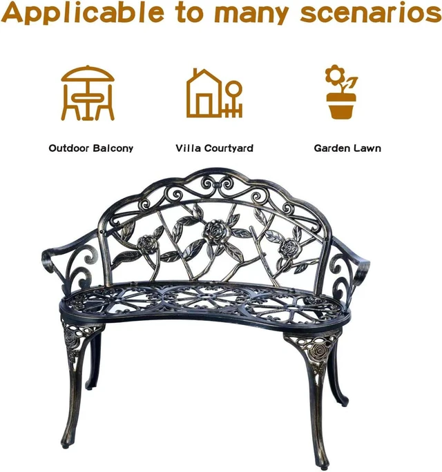 Alt view image 3 of 5 - Cast Aluminum Outdoor Patio Bench, RustResistant Waterproof Metal Park Bench with Floral Rose Pattern for Garden Lawn Yard Park, Copper Finish
