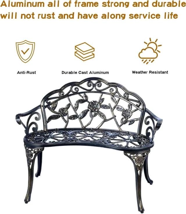 Alt view image 4 of 5 - Cast Aluminum Outdoor Patio Bench, RustResistant Waterproof Metal Park Bench with Floral Rose Pattern for Garden Lawn Yard Park, Copper Finish