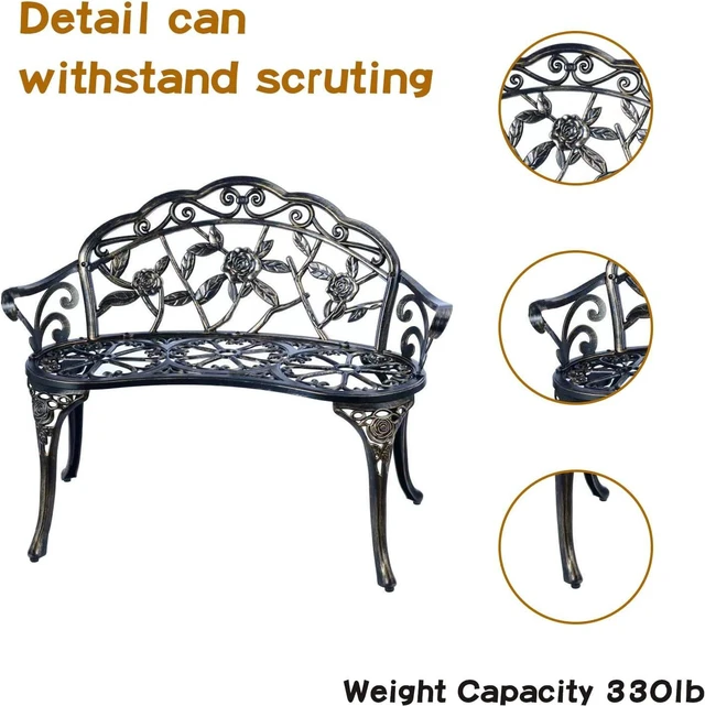 Alt view image 5 of 5 - Cast Aluminum Outdoor Patio Bench, RustResistant Waterproof Metal Park Bench with Floral Rose Pattern for Garden Lawn Yard Park, Copper Finish