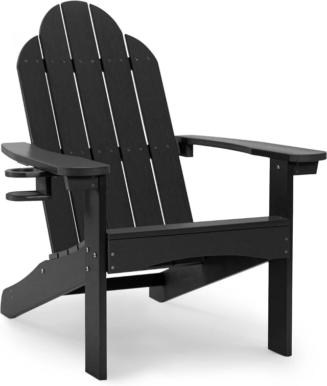 Main image of HDPS Poly Lumber Adirondack Chair with Builtin Cup Holder, AllWeather LowMaintenance Outdoor Patio Chair, 350 Lbs Weight Capacity for Deck Poolside Backyard, Black
