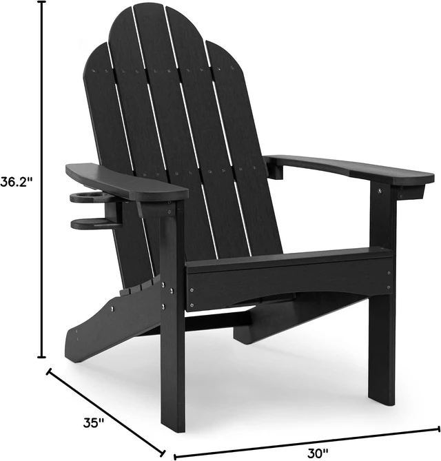 Alt view image 3 of 7 - HDPS Poly Lumber Adirondack Chair with Builtin Cup Holder, AllWeather LowMaintenance Outdoor Patio Chair, 350 Lbs Weight Capacity for Deck Poolside Backyard, Black