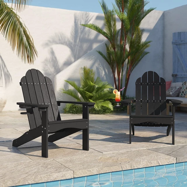 Alt view image 2 of 7 - HDPS Poly Lumber Adirondack Chair with Builtin Cup Holder, AllWeather LowMaintenance Outdoor Patio Chair, 350 Lbs Weight Capacity for Deck Poolside Backyard, Black